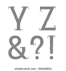 Y, Z black striped letters, ampersand, exclamation and question marks with flourishes. Font of Zebra pattern.