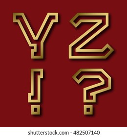 Y, Z gold angular letters, exclamation and question marks with shadow. Trendy and stylish golden font.