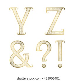 Y, Z golden ornamental letters, ampersand, exclamation and question marks with flourishes. Decorative patterned vintage font.