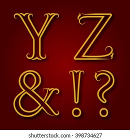 Y, Z golden vintage letters, ampersand, exclamation and question marks with shadow. Letters and symbols of lines with flourishes. Font in royal style.