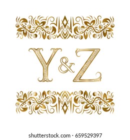 Y and Z initials vintage logo. The letters surrounded by ornamental elements. Wedding or business partners monogram in royal style.