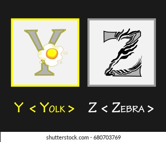 Y Z letter / Character letter.
The complete children english alphabet.
English alphabet for kids with Animal Food and fruit. Wall chart for kids language learning. ABC cards for toddlers.