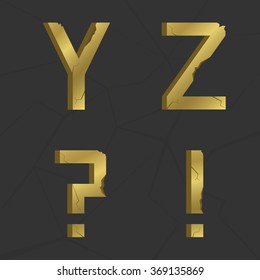 Y Z letters, golden old alphabet with cracs and splits. Exclamation and question-mark