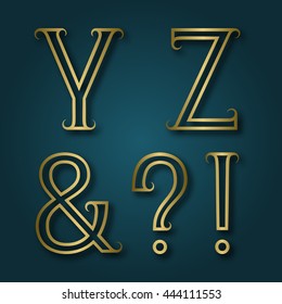 Y, Z shiny golden letters, ampersand, exclamation and question marks with shadow. Outline font with flourishes. Type in art deco style.