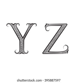 Y, Z vintage patterned letters. Font in floral baroque style.