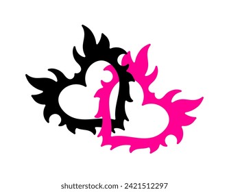 Y2K 00s stickers patches design elements. Two vector hearts black and pink. Valentine's Day. 90s aesthetics. Tattoo sketch.