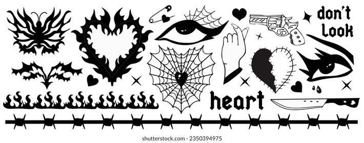 Y2k 2000s black grunge emo goth aesthetic stickers, tattoo art elements and slogan. Punk rock gloomy set. Gothic concept of creepy love. Vector illustration