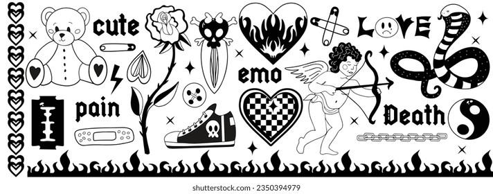 Y2k 2000s black grunge emo goth aesthetic stickers, tattoo art elements and slogan. Punk rock gloomy set. Gothic concept of creepy love. Vector illustration