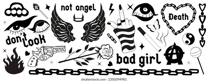 Y2k 2000s black grunge emo goth aesthetic stickers, tattoo art elements and slogan. Punk rock gloomy set. Gothic concept of creepy love. Vector illustration