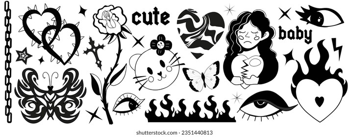 Y2k 2000s black grunge emo goth aesthetic stickers, tattoo art elements and slogan. Gothic concept of creepy love. Vector illustration.