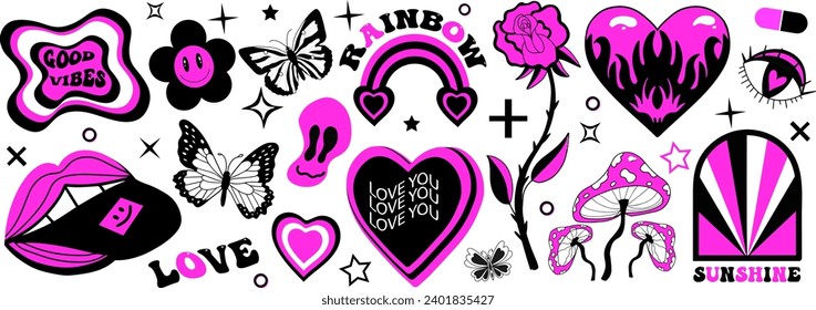 Y2k 2000s black grunge emo goth aesthetic stickers, tattoo art elements and slogan. Punk rock gloomy set. Gothic concept of creepy love. Vector illust