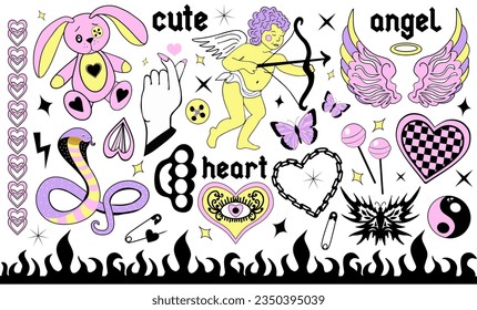 Y2k 2000s cute emo goth aesthetic stickers, tattoo art elements and slogan. Vintage pink and black gloomy set. Gothic concept of creepy love. Vector illustration