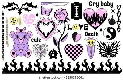 Y2k Creepy Seamless wallpaper. Goth concept of broken love. Emo gothic  background with pill, handcuffs, chain, heart. Glamour pink teen girl's  background in weird style. Fun 90s, 00s aesthetic. Stock Vector