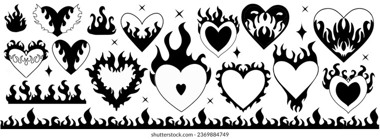 Y2k 2000s cute emo goth burning hearts stickers, tattoo art elements . Burn fire flaming heart for Valentine's day. vector illustration