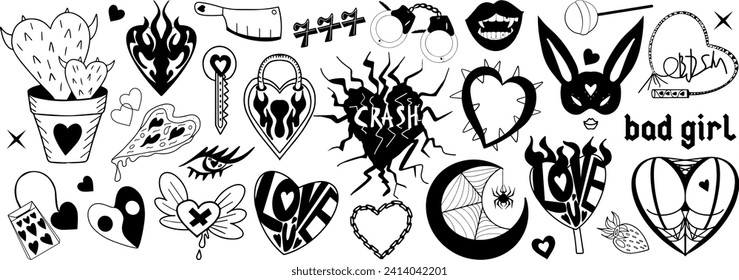 Y2k 2000s cute emo goth love aesthetic stickers, tattoo art elements and slogan. black punk rock set. Valentines day. Vector illustration.