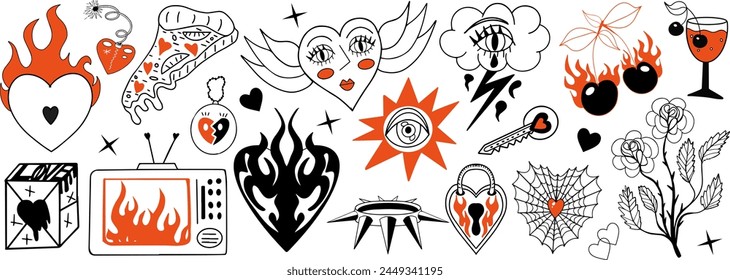 Y2k 2000s cute emo goth love aesthetic stickers, tattoo art elements. black and red grange punk rock set. Vector illustration