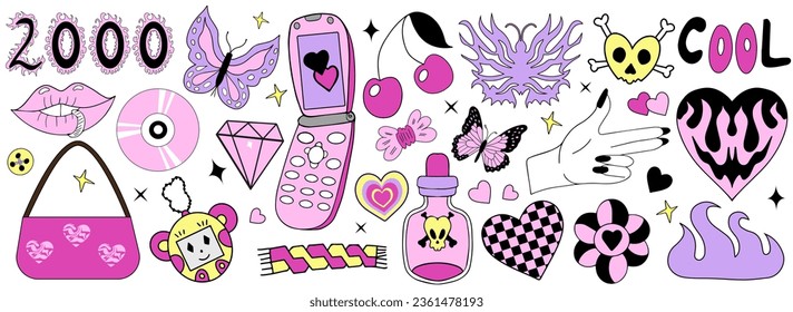 Y2k 2000s Glamorous set. 90s and 2000s style. Nostalgia 00s collection pink with retro phone and fire heart. Vector illustration