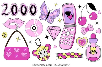 Y2k 2000s Glamorous set. 90s and 2000s style. Nostalgia 00s collection pink with retro phone and fire heart. Vector illustration