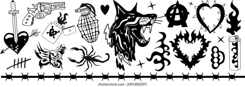 Y2k 2000s punk grunge set elements tattoo.Gangster, Doberman, anarchy. Old school tatto. Vector illustration.