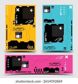 y2k 2000s sci-fi cyberpunk gaming retro-futuristic layout template set for ux-ui application, 2d vector illustration graphic HUD dashboard