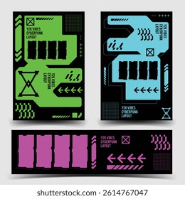 y2k 2000s sci-fi cyberpunk gaming retro-futuristic layout template set for ux-ui application, 2d vector illustration graphic icon HUD dashboard