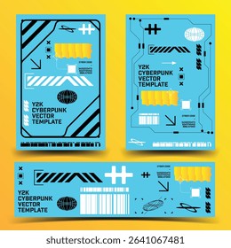 y2k 2000s sci-fi cyberpunk gaming retro-futuristic layout poster banner template set dashboard HUD for ux-ui application, 2d vector illustration 