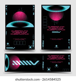 y2k 2000s scifi cyberpunk retro-futuristic layout template set dashboard for ux-ui application, 2d vector illustration 
