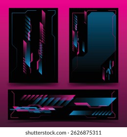 y2k 2000s scifi cyberpunk retro-futuristic layout template set dashboard for ux-ui application, 2d vector illustration 