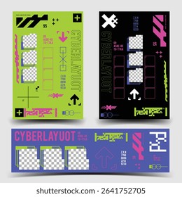 y2k 2000s scifi cyberpunk retro-futuristic layout template set dashboard for ux-ui application, 2d vector illustration 