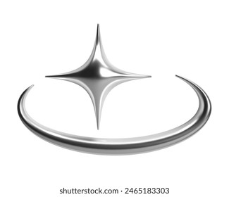 Y2K 3D chrome abstract shape with a star and crescent, spark or flash, shiny metallic glossy silver surface. Isolated vector element for retro futuristic design, cyber space, and galaxy aesthetic