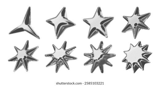 Y2k 3d chrome halftone stars shape retro abstract elements vector illustration set. Chrome silver 3d metallic halftone semitone retro effect collection. Y2k space various star retro futuristic shapes.