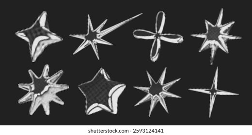 Y2k 3d chrome halftone stars shape retro abstract elements vector illustration set. Chrome silver 3d metallic halftone semitone retro effect collection. Y2k space various star retro futuristic shapes.