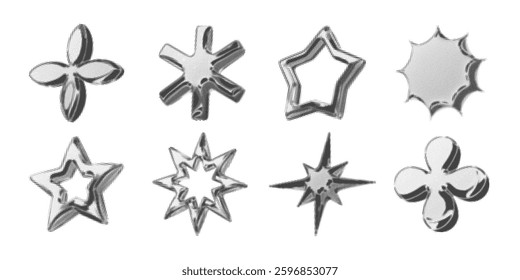 Y2k 3d chrome halftone stars shape retro abstract elements vector illustration set. Chrome silver 3d metallic halftone semitone retro effect collection. Y2k space various star retro futuristic shapes.