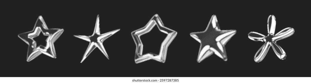 Y2k 3d cromado meio-tom estrelas forma elementos abstratos retro vetor ilustração conjunto. Cromo prata 3d metálico meio-tom semitone retro coleção de efeito. Y2k espaço várias estrelas retro formas futuristas.