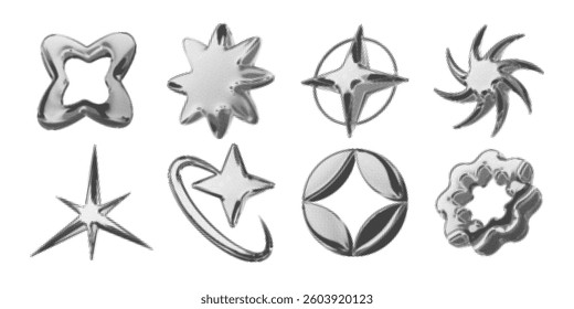 Y2k 3d chrome halftone stars shape retro abstract elements vector illustration set. Chrome silver 3d metallic halftone semitone retro effect collection. Y2k space various star retro futuristic shapes.