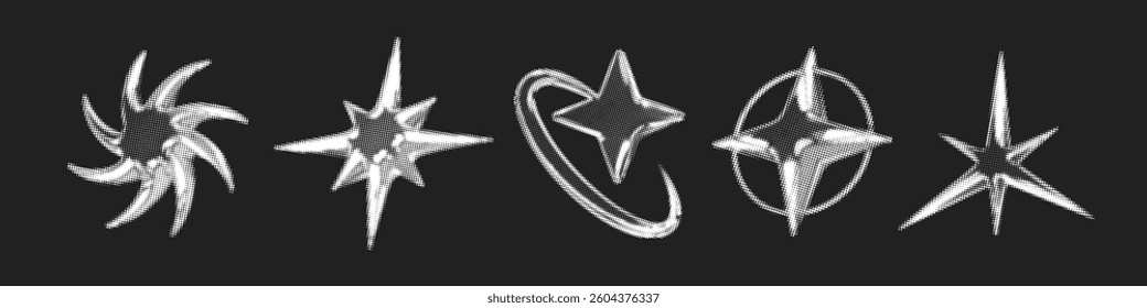 Y2k 3d chrome halftone stars shape retro abstract elements vector illustration set. Chrome silver 3d metallic halftone semitone retro effect collection. Y2k space various star retro futuristic shapes.