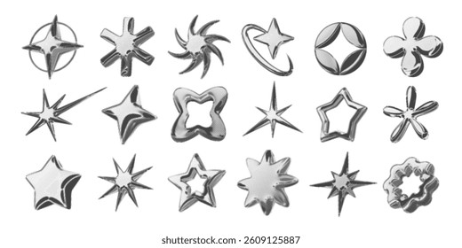 Y2k 3d chrome halftone stars shape retro abstract elements vector illustration set. Chrome silver 3d metallic halftone semitone retro effect collection. Y2k space various star retro futuristic shapes.