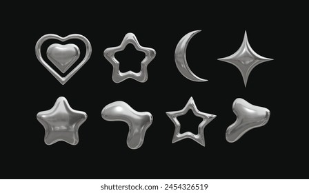 y2k 3d chrome metallic element. Symbols 2000s, 90s