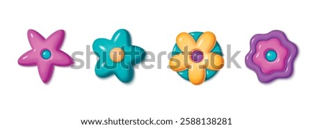 Y2k 3d flower collection with glossy plastic aesthetic. Vibrant pink, turquoise, yellow and purple blooms with rounded petals. Retro digital style elements for nostalgic graphic design, web icons.
