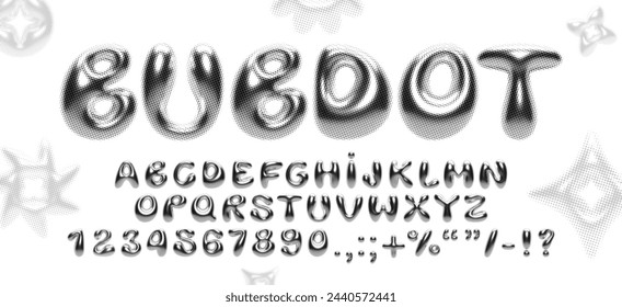 Y2K 3D font with metallic bubble letters, featuring halftone dots, 2000s influence, retro photocopy effect, glossy, shiny chrome alphabet for modern design