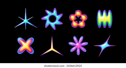 Y2K 3D gradient shapes set: stars, flowers, spark, vibrant abstract figures with neon glow for design, posters. Glossy, retro-futuristic 2000s elements