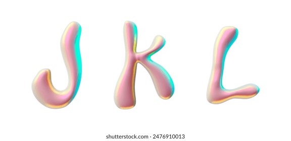 Y2K, 3D icon set. Vector illustration of fluid letters 'J', 'K', 'L' with a holographic finish, reflecting the playful and vivid design trends of the late 90s and early 00s.