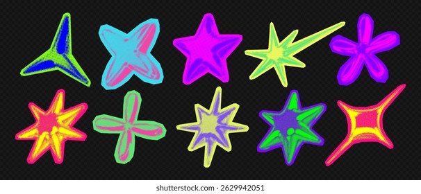 Y2k 3d punk neon colors light chrome halftone stars shape retro abstract vector illustration sticker set. Chrome silver 3d metallic halftone semitone retro effect bright neon color star collection.
