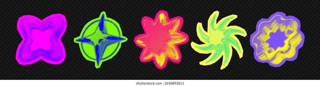 Y2k 3d punk neon colors light chrome halftone stars shape retro abstract vector illustration sticker set. Chrome silver 3d metallic halftone semitone retro effect bright neon color star collection.