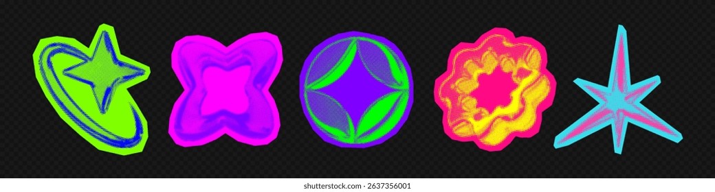Y2k 3d punk neon colors light chrome halftone stars shape retro abstract vector illustration sticker set. Chrome silver 3d metallic halftone semitone retro effect bright neon color star collection.