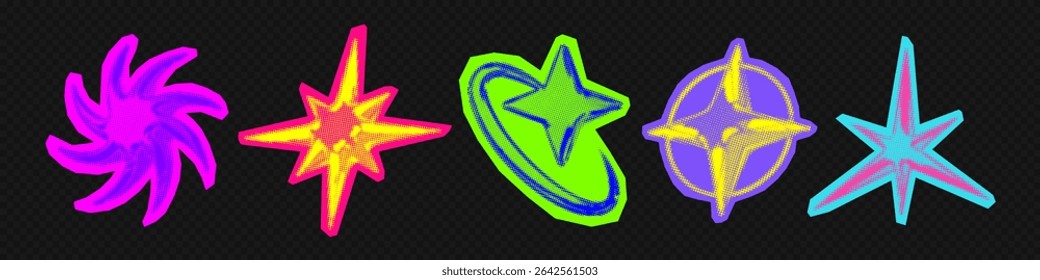 Y2k 3d punk neon colors light chrome halftone stars shape retro abstract vector illustration sticker set. Chrome silver 3d metallic halftone semitone retro effect bright neon color star collection.