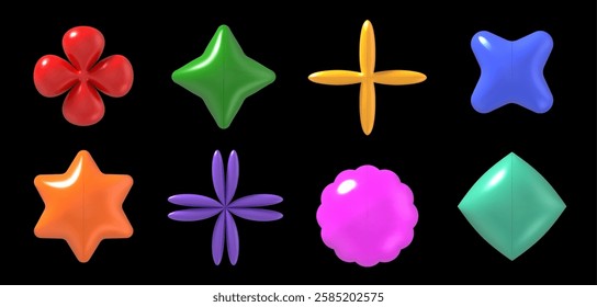 Y2k 3d shapes. Plastic glossy geometric primitive objects. Inflatable color stars and brutalist futuristic figures. Modern minimalist pop art trendy toy vector set.