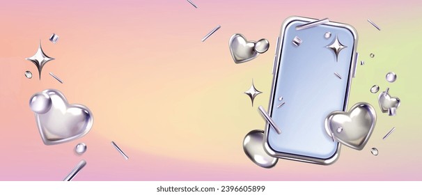 Banner de confeti de smartphone Y2k 3D, volante de anuncios de pantalla de teléfono celular de cromo vector, corazón, estrellas. Día de San Valentín lustroso y futurista fondo estético de vacaciones, exhibición vacía. Smartphone Metal 3D