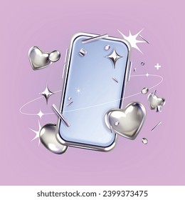 Banner de confeti de smartphone en 3D2k, volante de publicidad de pantalla de teléfono celular con vector cromado, corazón, estrellas. Día de San Valentín lustroso y futurista fondo estético de vacaciones, exhibición vacía. Smartphone Metal 3D