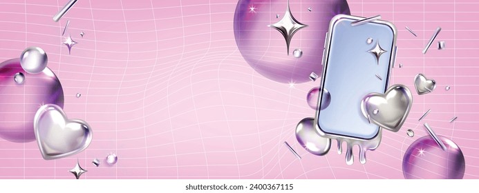 Banner de confeti de smartphone en 3D2k, volante de publicidad de pantalla de teléfono celular con vector cromado, corazón, estrellas. Día de San Valentín color rosa de fiesta estética futurista de fondo, burbuja, exposición. Smartphone Metal 3D